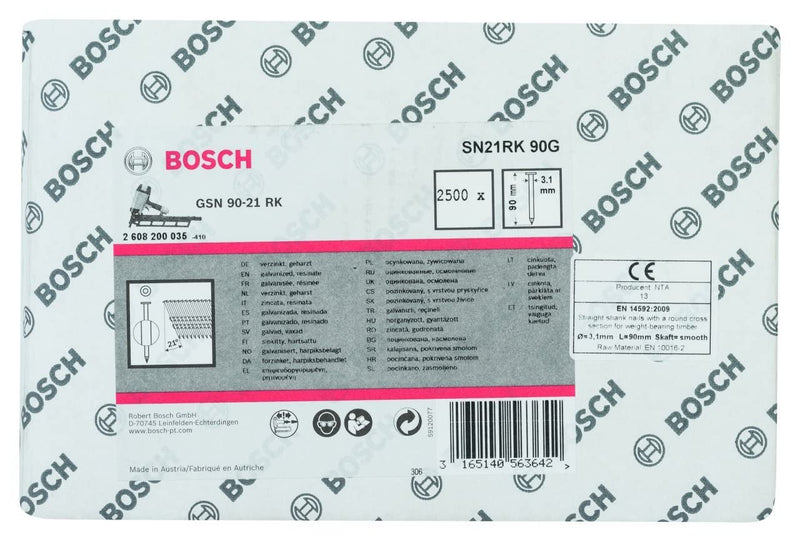 Bosch Professional 4000x Rundkopf-Streifennägel 21° SN21RK 90G (3.1 mm, 90 mm, gehartzt, verzinkt, glatt, Zubehör für Nagelpistolen, Druckluftnagler)