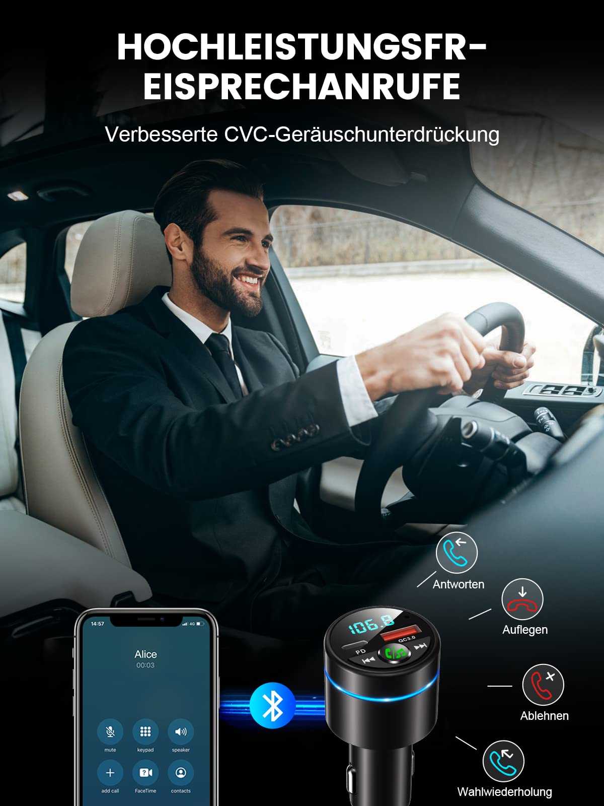 Mohard Bluetooth Adapter Auto, Ganzmetall FM Transmitter Auto Bluetooth mit PD 30W & QC3.0 18W Schnellladung, Freisprechanlage Bluetooth5.3, Rauschunterdrückung Mikrofon, Ringlicht