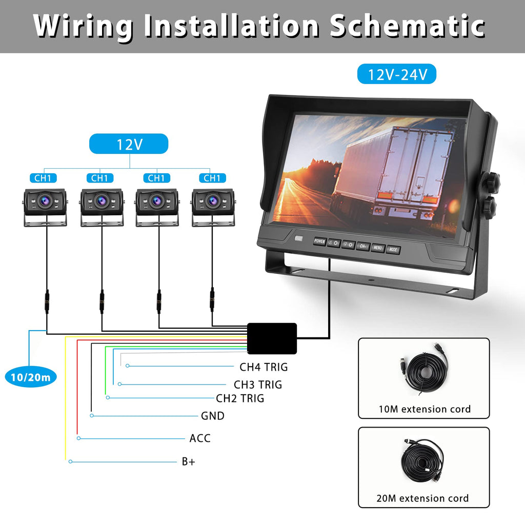 Hodozzy 1080P Rückfahrkamera 4 Kameras mit 9 Zoll DVR 4 Geteilte Monitor, 4 AHD Kameras IP68 Wasserdicht Nachtsicht, Vorder Seite Rück Kamera mit Kabel 2*10m+2*20m, für LKW Anhänger Wohnmobil Bus Van