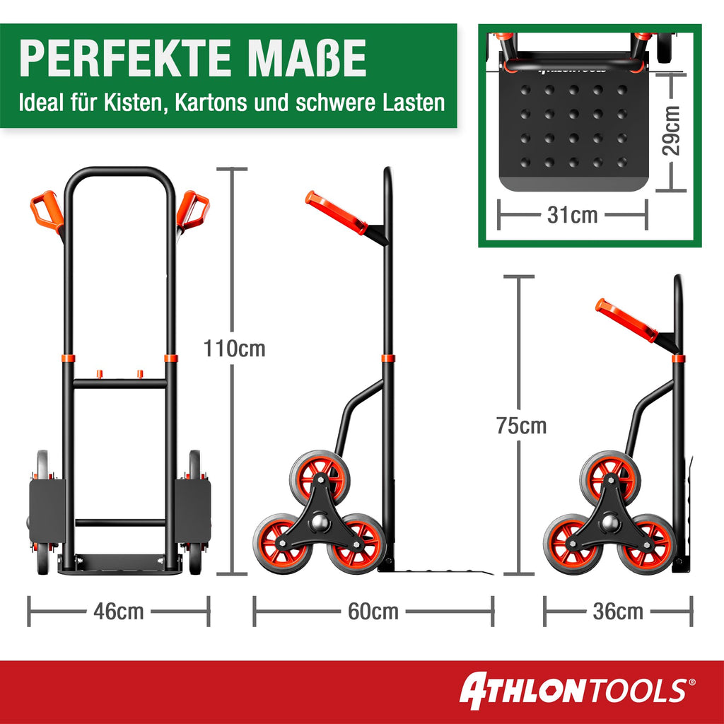 ATHLON TOOLS Treppensteiger-Sackkarre klappbar 150kg TÜV geprüft – Stahlrahmen mit TPR-Rädern, große Räder leichtgängig & stoßarm, platzsparend zusammenklappbar
