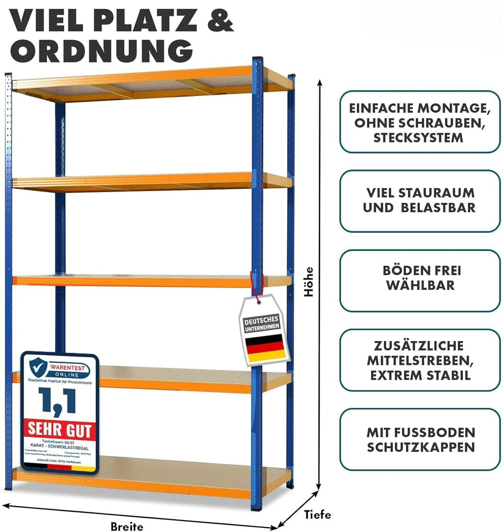 KARAT schwerlastregal - Steckregal, Kellerregal, Lagerregal, Werkbank - Traglast bis 1250 kg - Schnelle Montage & Standsicher (Blau-Orange, 180 x 120 x 45 cm)