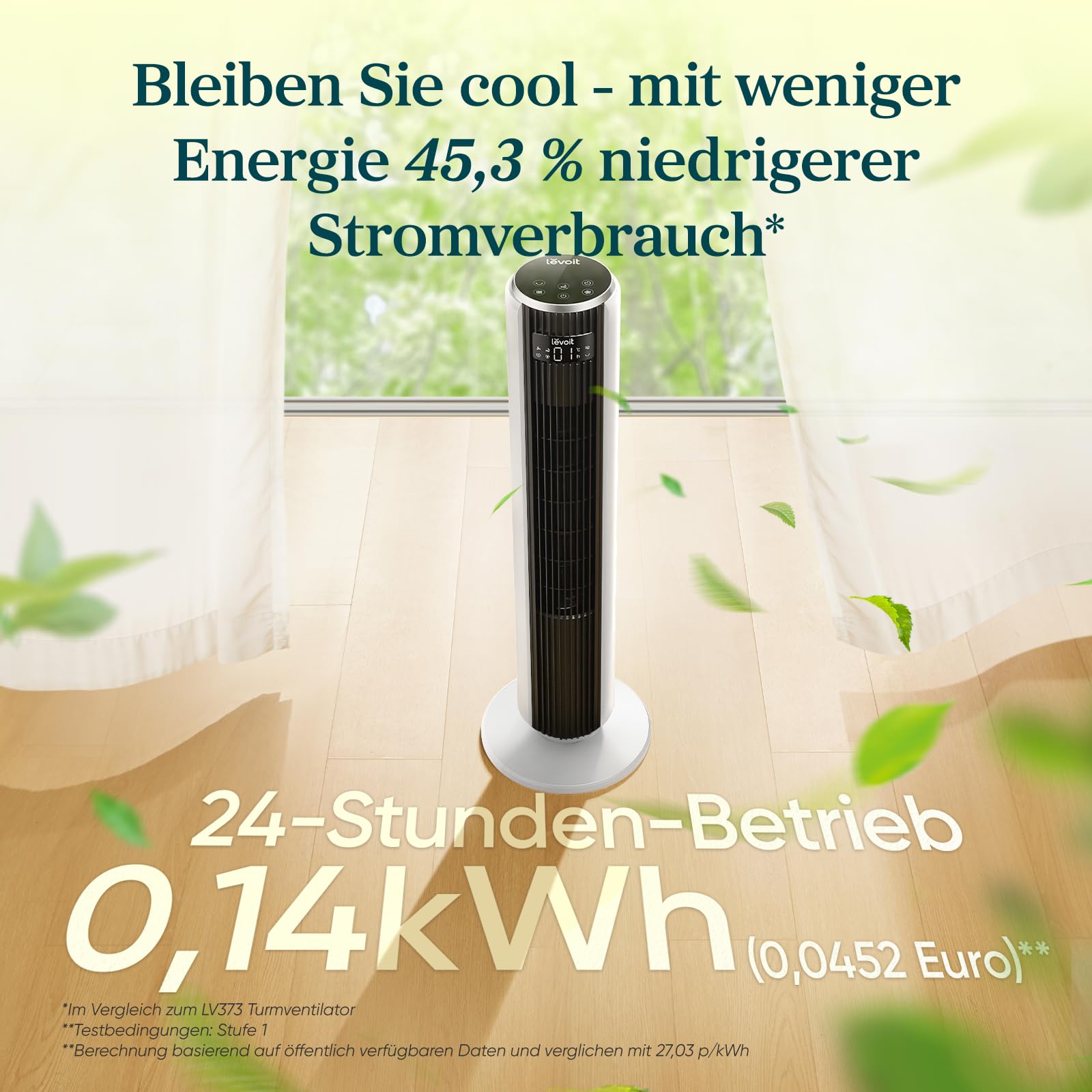 Levoit - DC Motor Turmventilator - 20dB sehr leiser Ventilator - 4 Modi/12 Stufen/12 Std Timer - Fernbedienung & Kühlung - Tower Fan mit 7,9m/s Geschwindigkeit - 24W Standventilator - Weiß, 92 cm