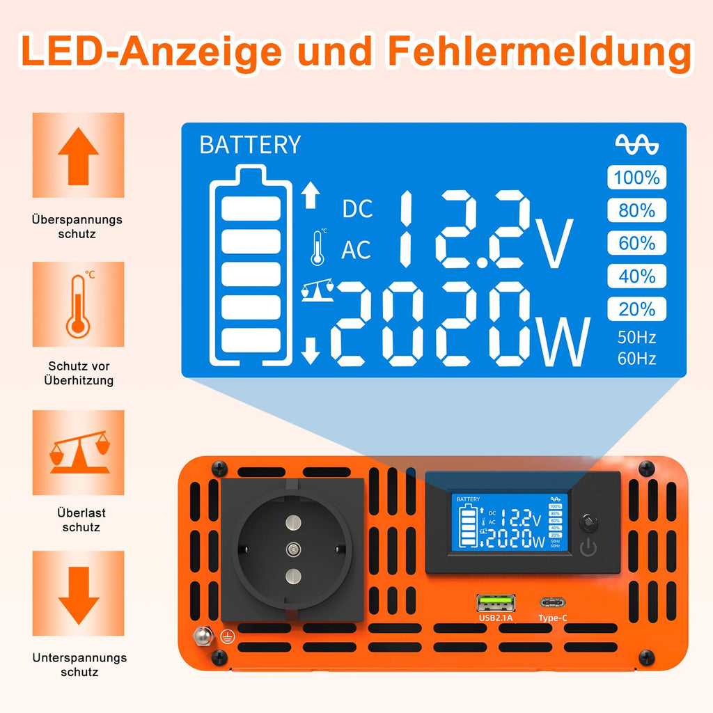DATOUBOSS Wechselrichter 12v auf 230v 2000W/4000W Reiner Sinus Spannungswandler Power Inverter mit LCD-Bildschirm 1 Type-c und 1 USB Anschlüsse für Wohnmobil Auto