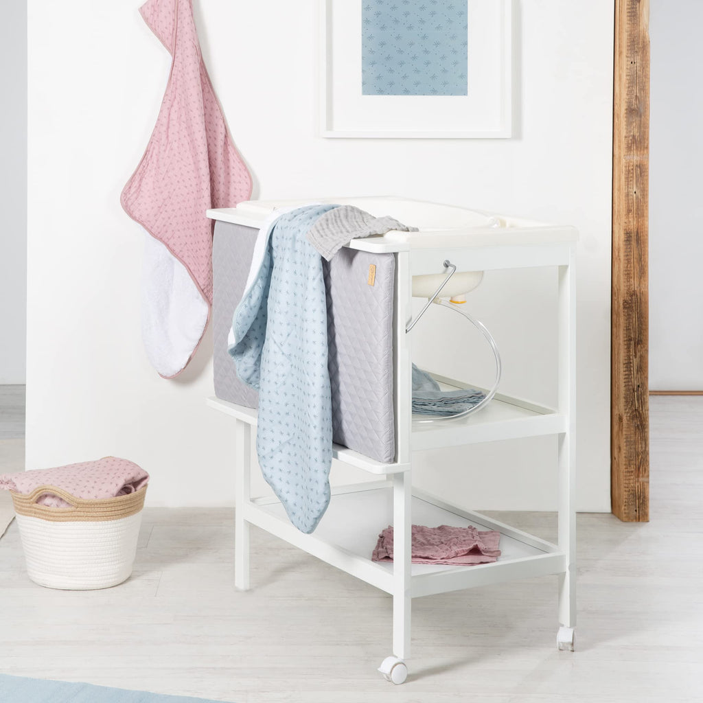 roba Bade Wickel Kombination + Wickelauflage Style grau - Mobiler Kombi Wickeltisch mit integrierter Badewanne - mit schwenkbarer Wickelfläche - Holz weiß