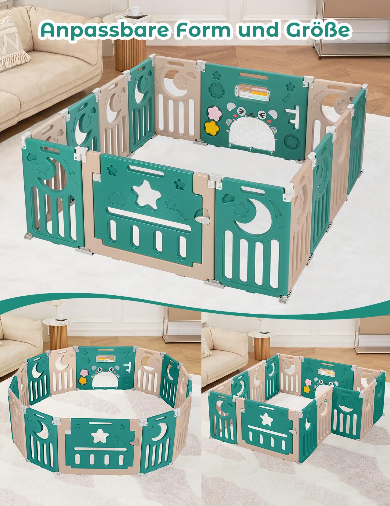 Dripex Laufstall Baby faltbar 150x150x62cm (14 Paneele) mit Spielboard, Laufgitter Baby, Kinderlaufstall & Babyzaun aus strapazierfähigem Plastik, Playpen für Innen & Außen, Braun