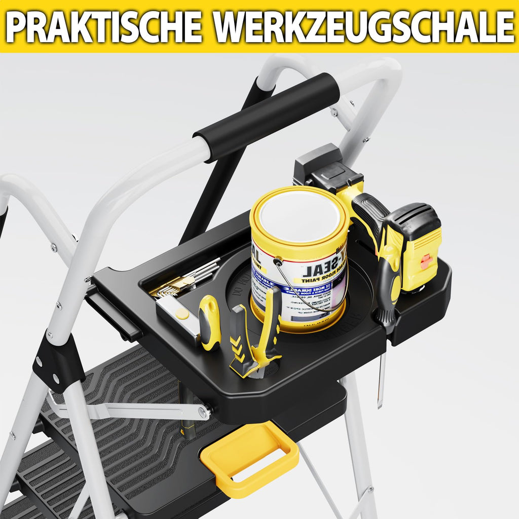 KINGRACK Trittleiter 5 Stufen klappbar, Leiter 5 Stufen 150 kg Tragfähigkeit, mit Werkzeugtray, Handlauf, für Haushalt, Garten, Malerei, Outdoor und Garagennutzung geeignete Faltbare Leiter, weiß