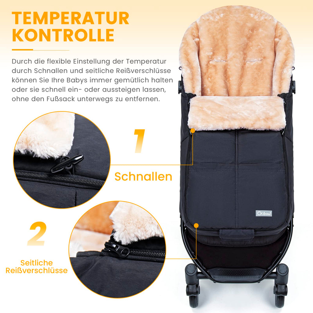 Orzbow Fußsack Buggy, Künstliches Lammfell Fußsack Kinderwagen Baby Winter mit Reißverschluss, Abnehmbar, Universelle & Wasserdicht, Maschinenwaschbar, Schwarz