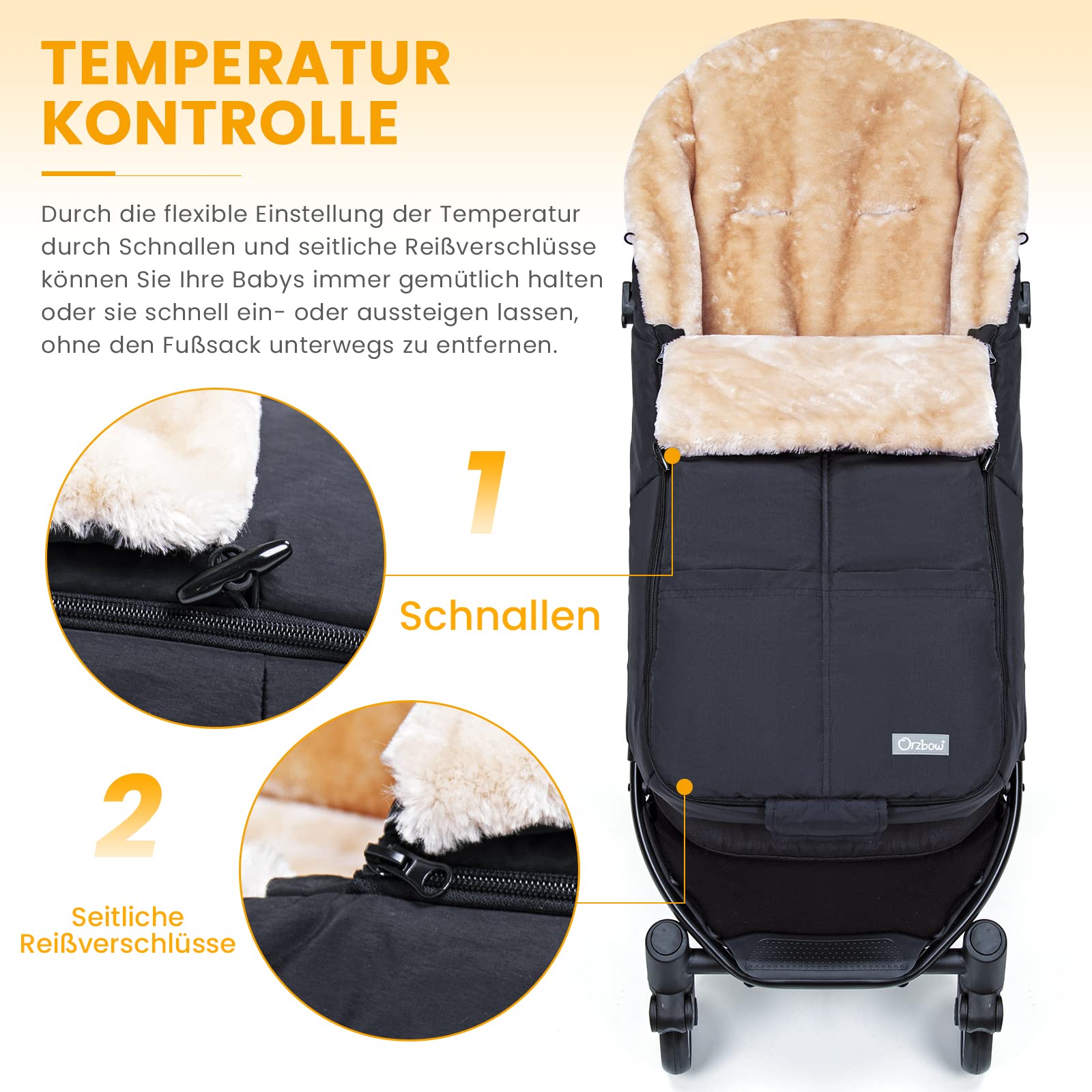 Orzbow Fußsack Buggy, Künstliches Lammfell Fußsack Kinderwagen Baby Winter mit Reißverschluss, Abnehmbar, Universelle & Wasserdicht, Maschinenwaschbar, Schwarz