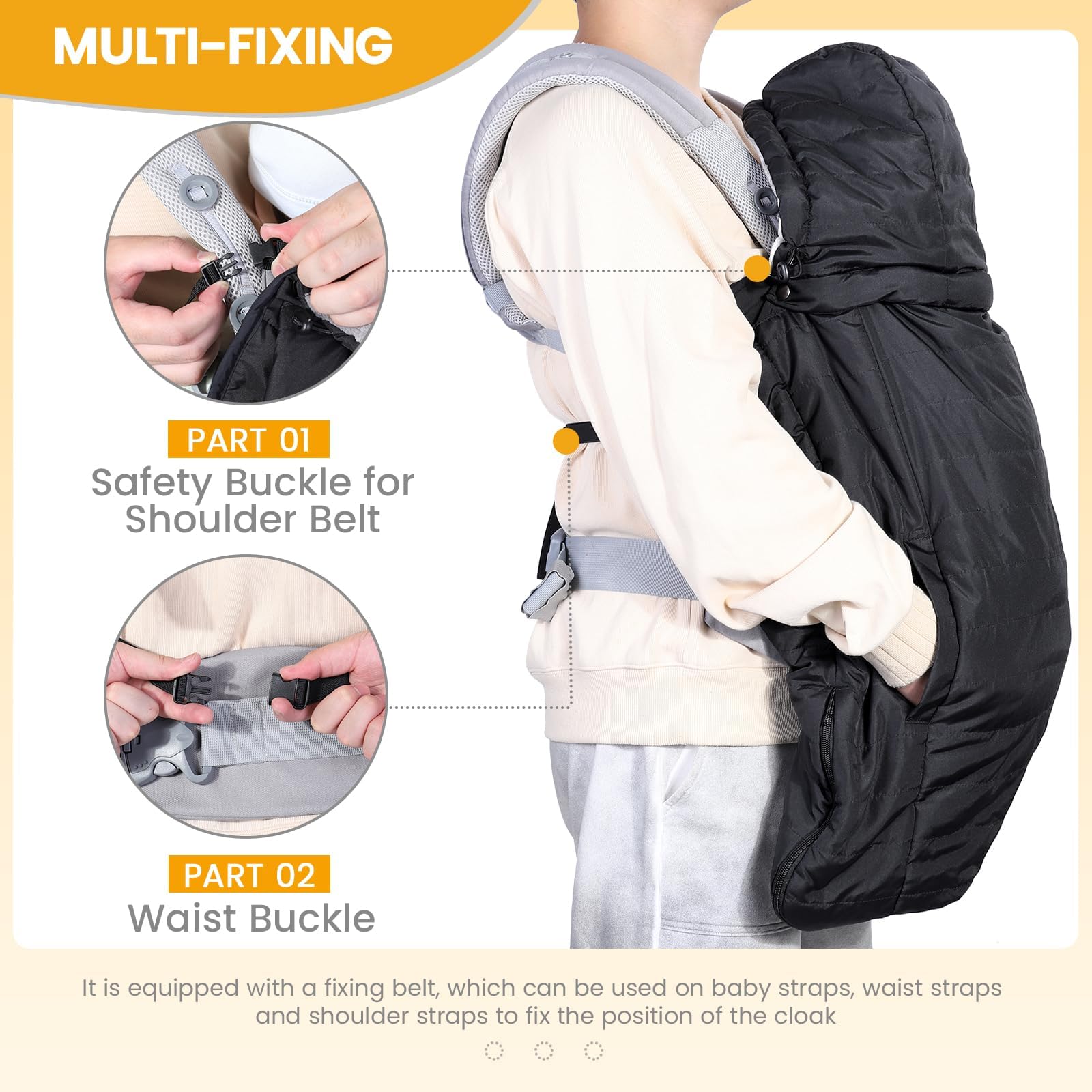 Orzbow Regenschutz Babytrage, Tragecover Babytrage Winter mit Abnehmbares Oberteil, Universal Wintercover Babytrage mit Korallenvlies-Futter, Vordertasche, Reißverschluss Unten, Schwarz