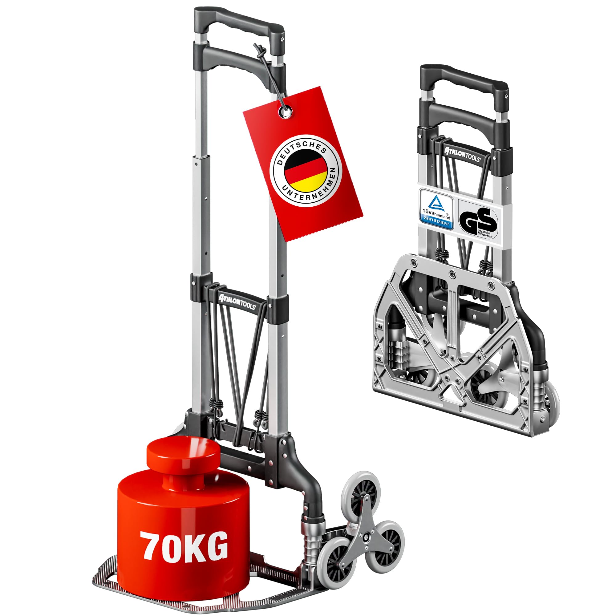 ATHLON TOOLS Aluminium Treppensteiger-Sackkarre klappbar TÜV geprüft – extra Langer Griff 110 cm, Ladefläche mit Anti-Rutsch-Pads