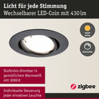 Paulmann 92465 LED Einbauleuchte Base Smart Home Zigbee Basisset schwenkbar rund 230V 3x4,9W 3x430lm dimmbar 90mm Schwarz matt Metall 3000K