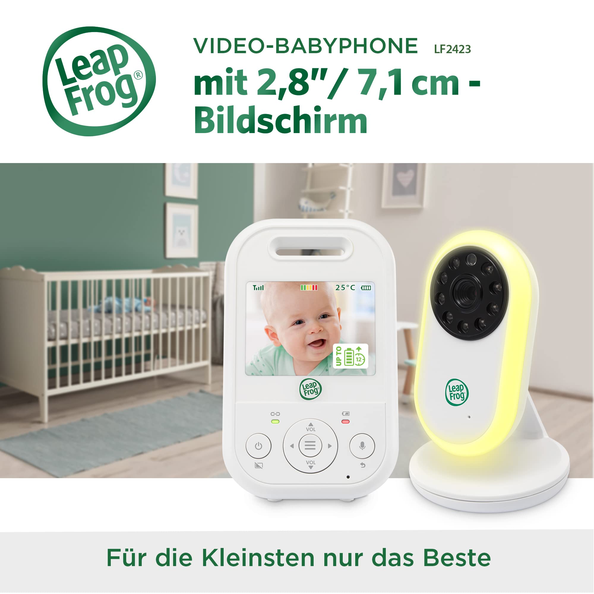 LeapFrog LF2423 Baby Monitor with Camera, Long Range, 2.8 Inch Video LCD Display, 2X Zoom, Temperature Sensor, Noise Activation Mode, Intercom, Long Battery Life, 720p