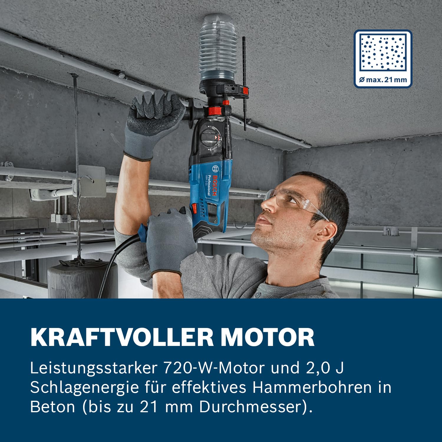 Bosch Professional Bohrhammer GBH 2-21 (mit SDS plus, inkl. 3x Drill Bit SDS plus, (6/8/10 mm), Zusatzhandgriff, Maschinentuch, Tiefenanschlag, Handwerkoffer)