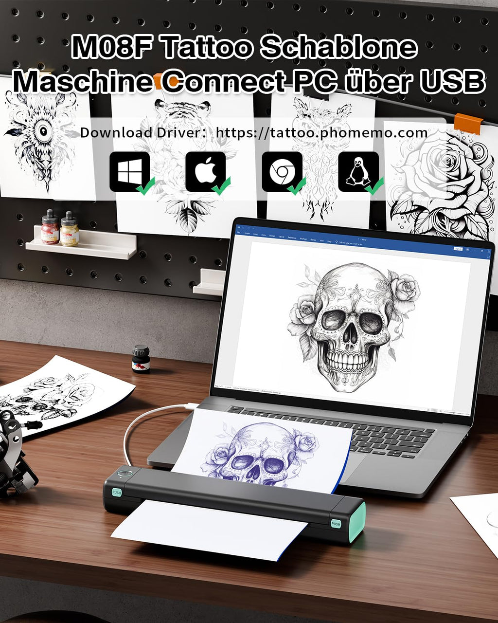 Phomemo M08F Tattoo Drucker Tattoo Stencil Drucker Transfer Maschine Professionelle Thermodrucker Kopierer Kompatibel mit Smartphone und PC mit 10pcs Transferpapier