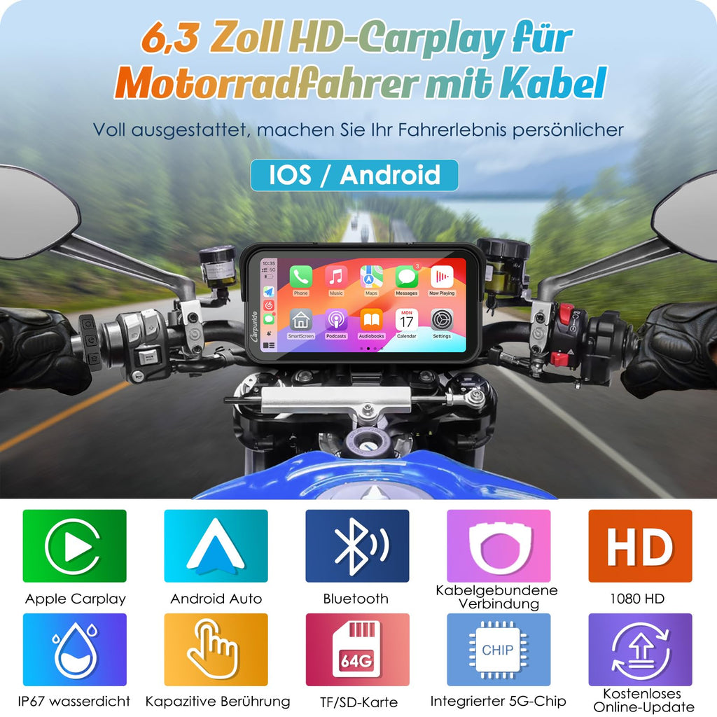 Carpuride W603 Motorrad-Carplay-Bildschirm, Kabelloses CarPlay und Android Auto für Moto, Fernbedienung, 6,3-Zoll-wasserdichter Touchscreen, BT Audio, GPS-Navigation, Siri, G00gle-Assistent
