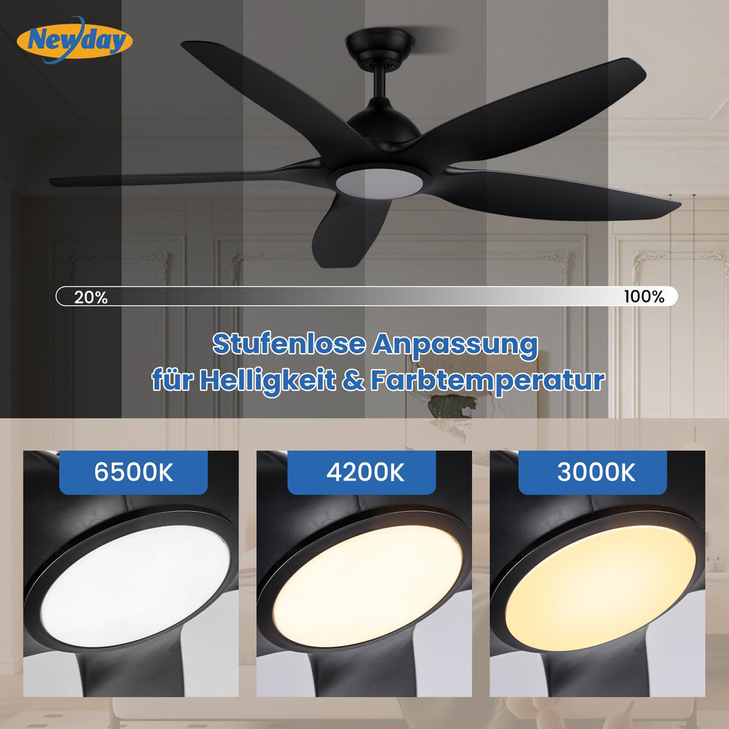 Newday Deckenventilatoren Große 153CM, Deckenventilator Schwarz mit Beleuchtung und Fernbedienung Leise, Ventilator mit Licht, 5 Flügel, Motor DC Reversibel, Stufenloser Dimmer, Zeitgeber für wohnraum