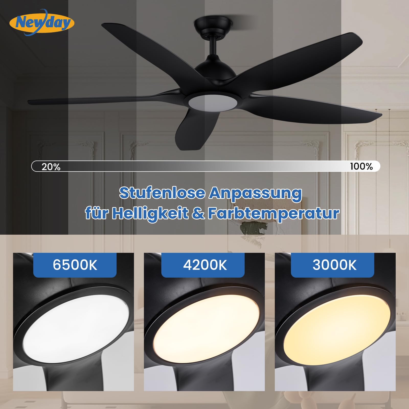 Newday Deckenventilatoren Große 153CM, Deckenventilator Schwarz mit Beleuchtung und Fernbedienung Leise, Ventilator mit Licht, 5 Flügel, Motor DC Reversibel, Stufenloser Dimmer, Zeitgeber für wohnraum