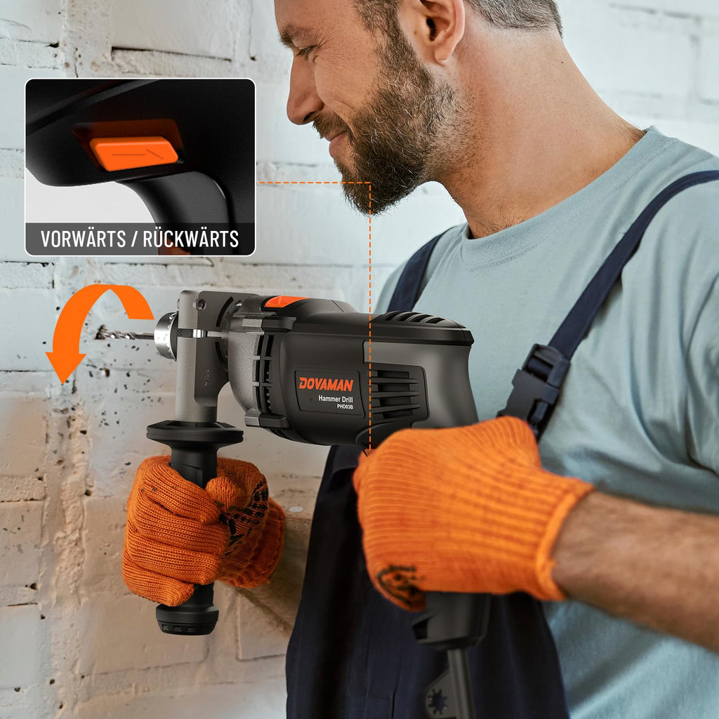 DOVAMAN PHD03B 850W Schlagbohrmaschine Mit 13mm Metallbohrfutter, Elektro-Bohrmaschine Mit Schlagfunktion & Variabler Drehzahl 0–3000 U/Min – Für Beton, Mauerwerk, Holz – Inkl. Bohrer & Koffer