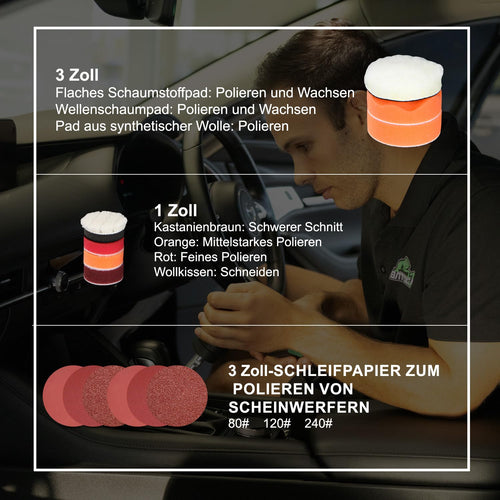 BATOCA S4 Profi Akku Poliermaschine,Rotierende&Orbitale,25mm/75mm Rückenplatte,Bürstenloser Motor,Mini Polier Kit,12V Akku Poliergerät mit 2 2.5Ah Batterien,2000-5500RPM,Scheinwerfer Aufbereitung Set