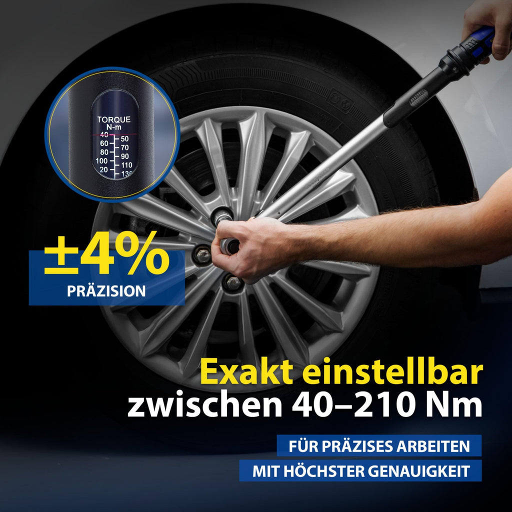 Goodyear Premium Drehmomentschlüssel, Einstellbar von 42 bis 210 Nm, Antrieb 1/2" Vierkant, inkl. Verlängerung und Stecknüsse 17 mm und 19 mm, Blau, Schwarz, Silber