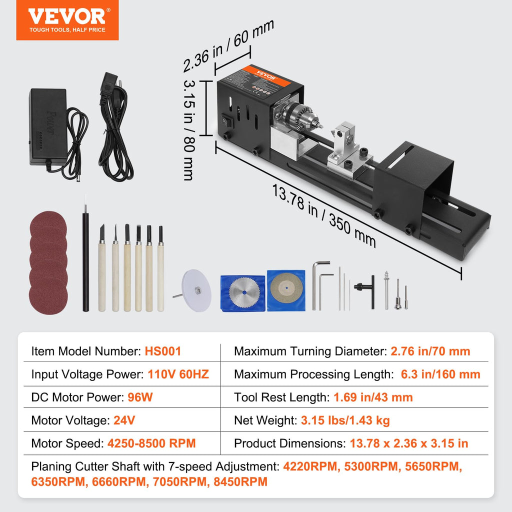 VEVOR Mini Drehbank 96W Drechselbank Max. Drehdurchmesser 70mm Drechselmaschine Spindeldrehzahl 4250–8500U/min Kopierdrechselbank mit 7-Gang-Einstellung Drehbank mit komplettem Zubehör