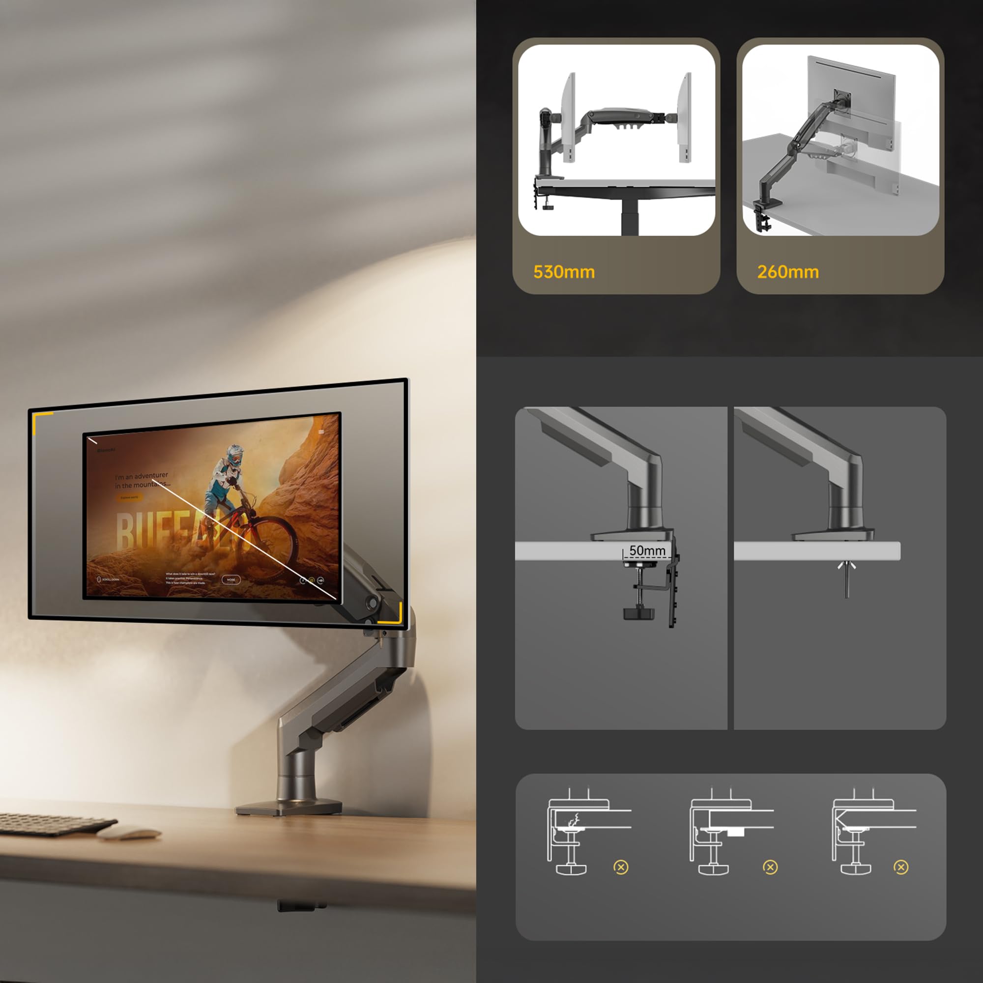 Ergosolid für PC-Monitor, Gelenkarm, ergonomisch, Gasfeder, 17-30 Zoll, VESA 75 mm und 100 mm, drehbar 360 Degree F80-0