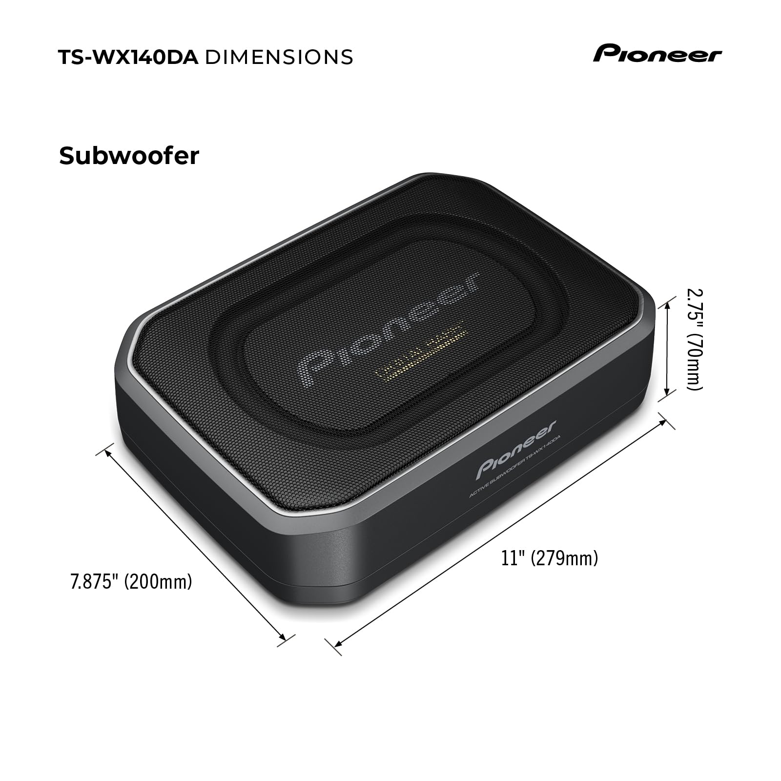 PIONEER TS-WX140DA Aktivsubwoofer, leistungsstarker Gehäuse Subwoofer mit 170 W Maximalleistung, 20 x 13 cm Subwoofer in MDF Gehäuse, IMPP Membran, schwarz, Kabelfernbedienung (5m Zuleitung)