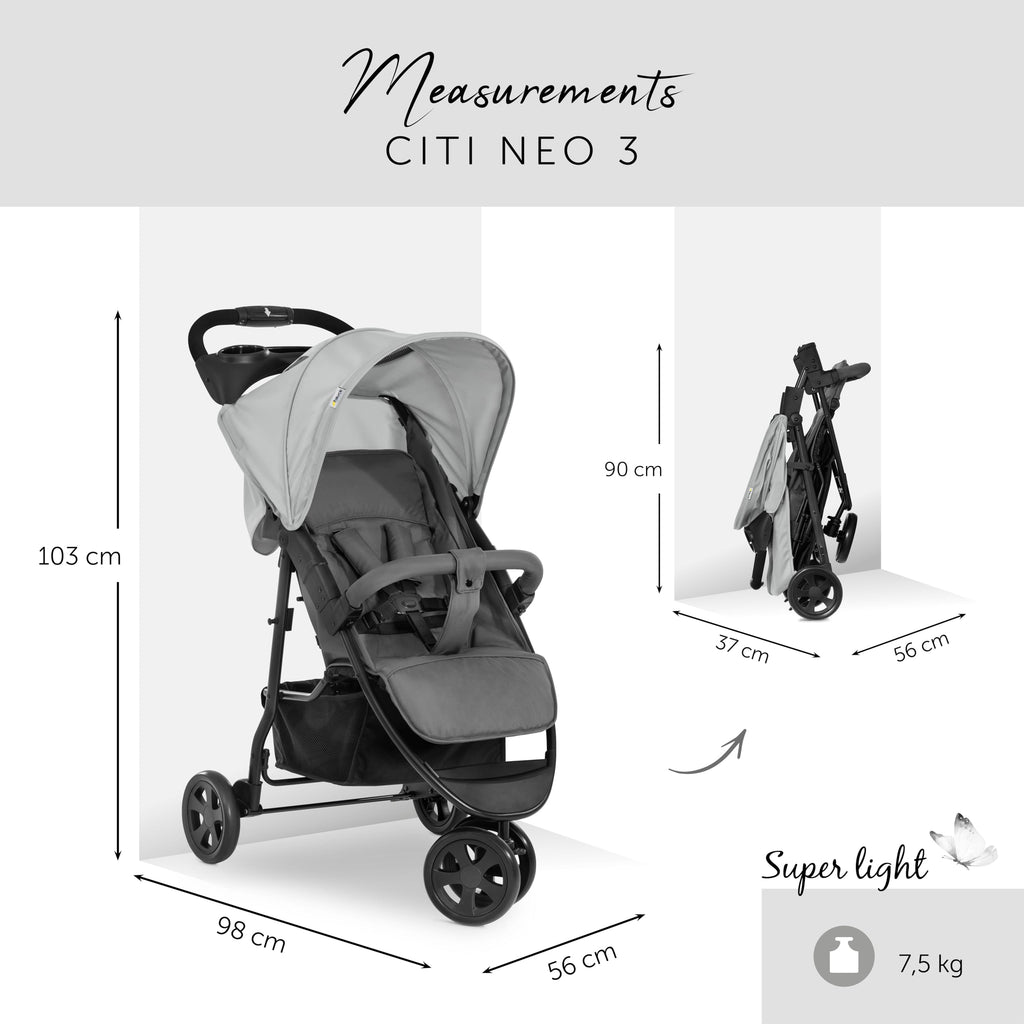 hauck Citi Neo 3, Grau - Dreirad Kinderbuggy ab Geburt bis 22 kg mit Liegefunktion, Becherhalter, Tasche im Verdeck, XL Korb bis 3 kg, Einhändig Zusammenklappbar, Leicht - 7,3 kg