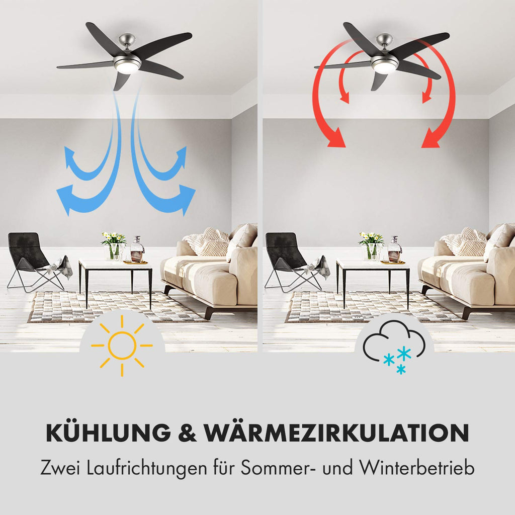 Klarstein Bolero - 2-in-1-Deckenventilator 134cm durchmessender Ventilator, Leuchte 55W Leistung, Holzflügel, Fernbedienung, 50 dB, 3 Drehgeschwindigkeiten: schnell, mittel, langsam, schwarz