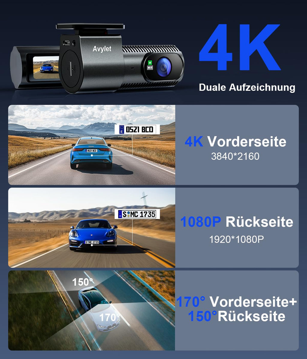 Avylet 4K+1080P Dashcam Auto Vorne Hinten, 5GHz Wi-Fi/APP Mini Dual Auto Kamera,1,5″ IPS, Unterstützt Externes GPS-Modul, Parküberwachung, Super Nachtsicht, WDR, 170°Weitwinkel, G-Sensor, Max 256GB