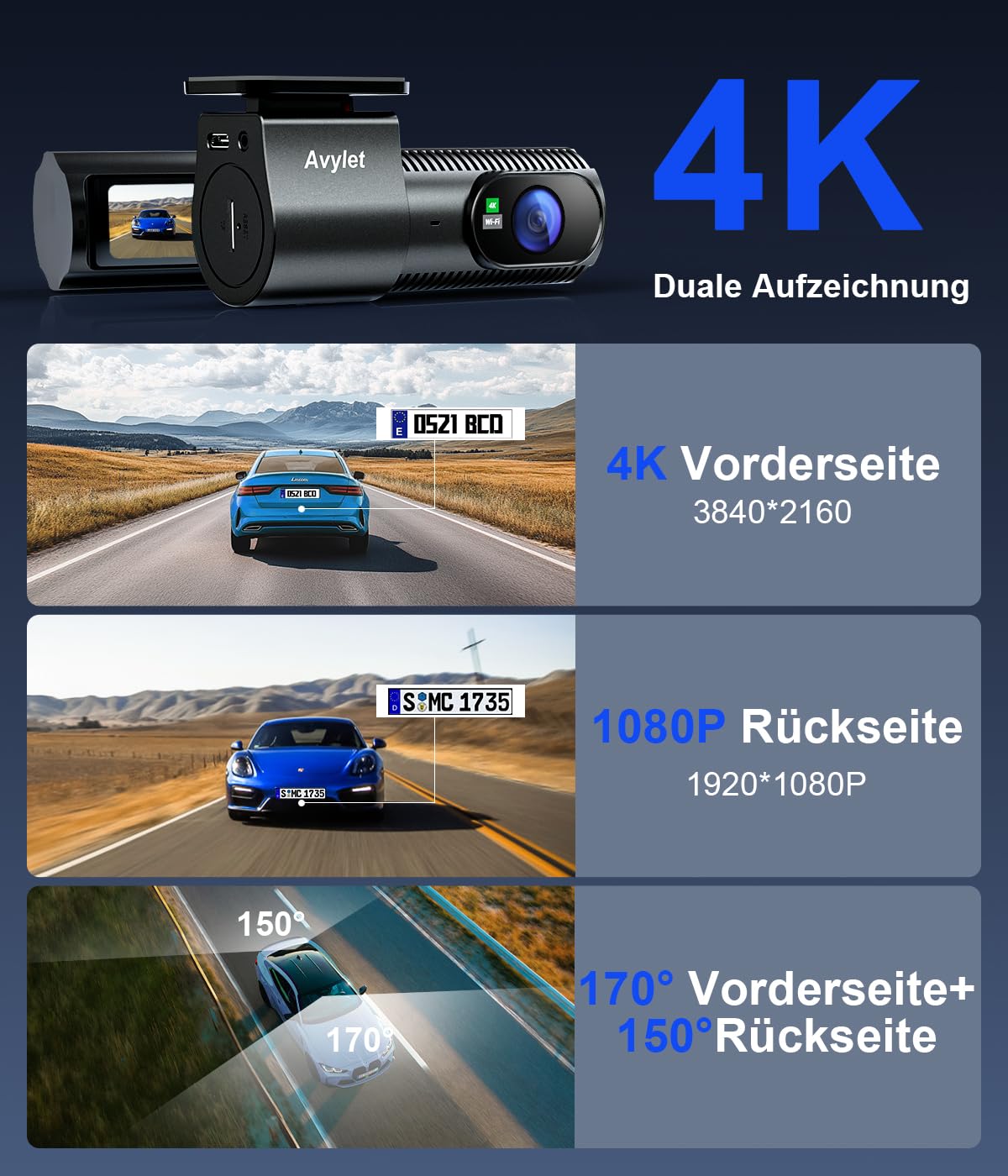 Avylet 4K+1080P Dashcam Auto Vorne Hinten, 5GHz Wi-Fi/APP Mini Dual Auto Kamera,1,5″ IPS, Unterstützt Externes GPS-Modul, Parküberwachung, Super Nachtsicht, WDR, 170°Weitwinkel, G-Sensor, Max 256GB
