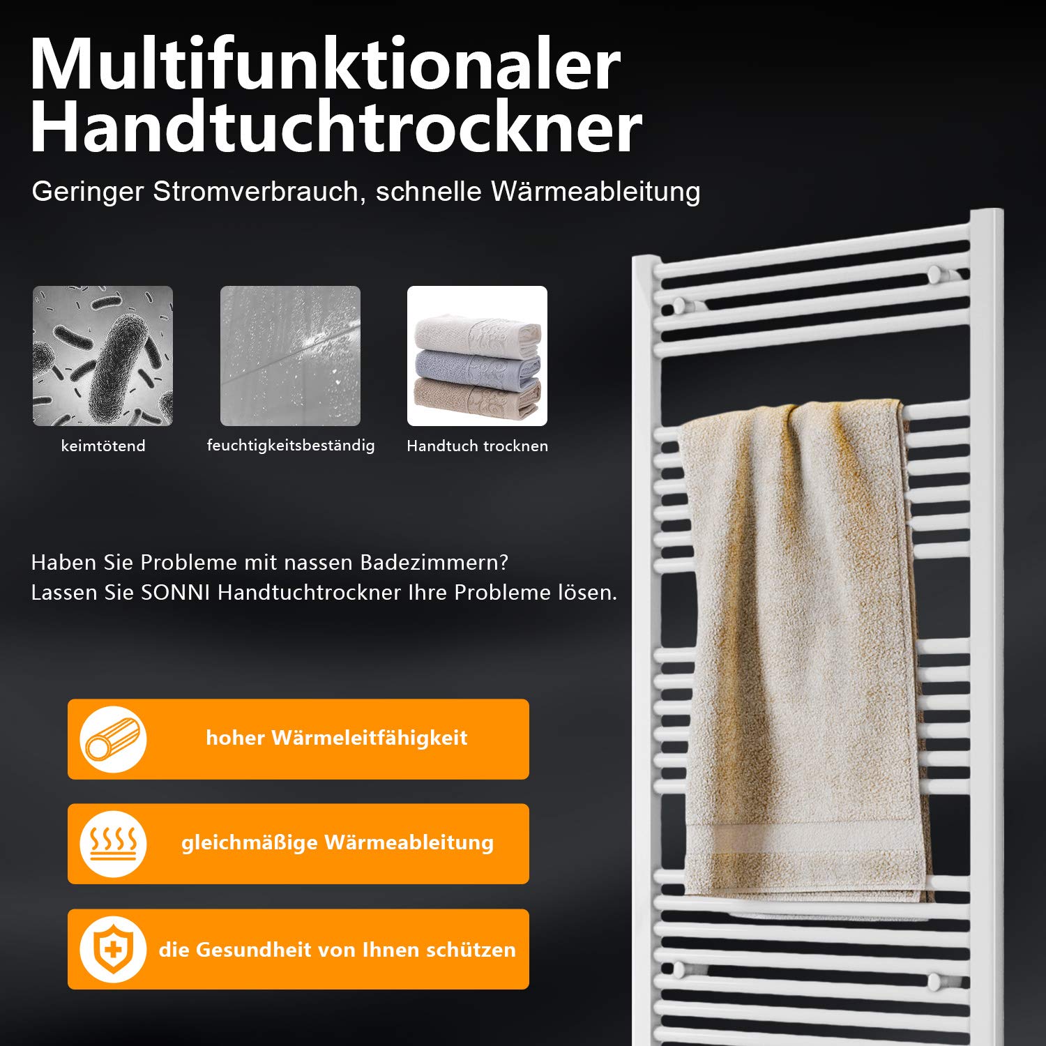 SONNI Badheizkörper Handtuchhalter Mittelanschluss 1600x500mm Weiß Handtuchtrockner Heizkörper Bad Gerade
