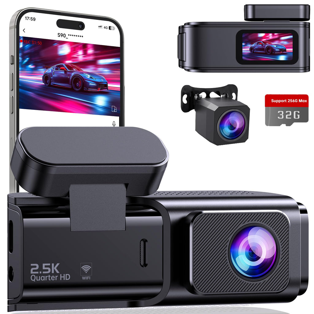 Dashcam Auto Vorne Hinten 2,5K + 1080P, Dash Cam mit WiFi, 32GB Karte, Dual-Autokamera mit 170 ° Weitwinkel, Super Nachtsicht, Auto Kamera mit Parküberwachung, G-Sensor, App-Steuerung, Loop-Aufnahme
