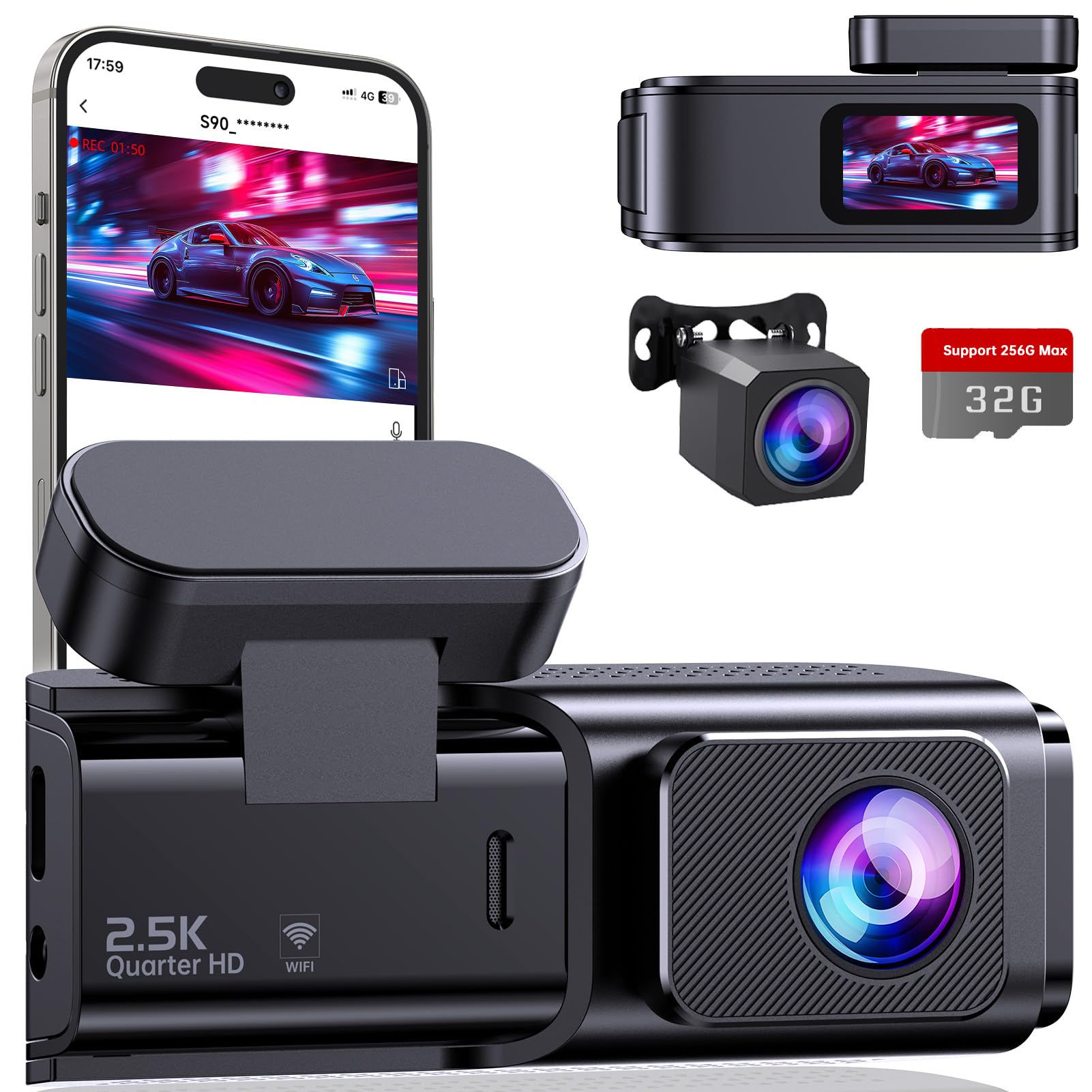 Dashcam Auto Vorne Hinten 2,5K + 1080P, Dash Cam mit WiFi, 32GB Karte, Dual-Autokamera mit 170 ° Weitwinkel, Super Nachtsicht, Auto Kamera mit Parküberwachung, G-Sensor, App-Steuerung, Loop-Aufnahme