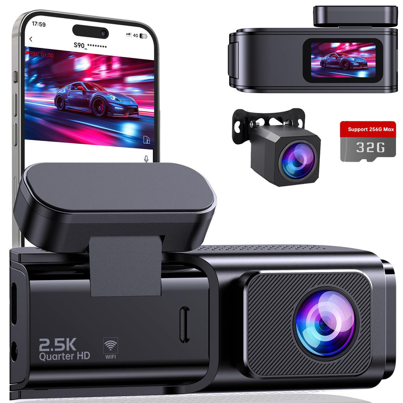 Dashcam Auto Vorne Hinten 2,5K + 1080P, Dash Cam mit WiFi, 32GB Karte, Dual-Autokamera mit 170 ° Weitwinkel, Super Nachtsicht, Auto Kamera mit Parküberwachung, G-Sensor, App-Steuerung, Loop-Aufnahme
