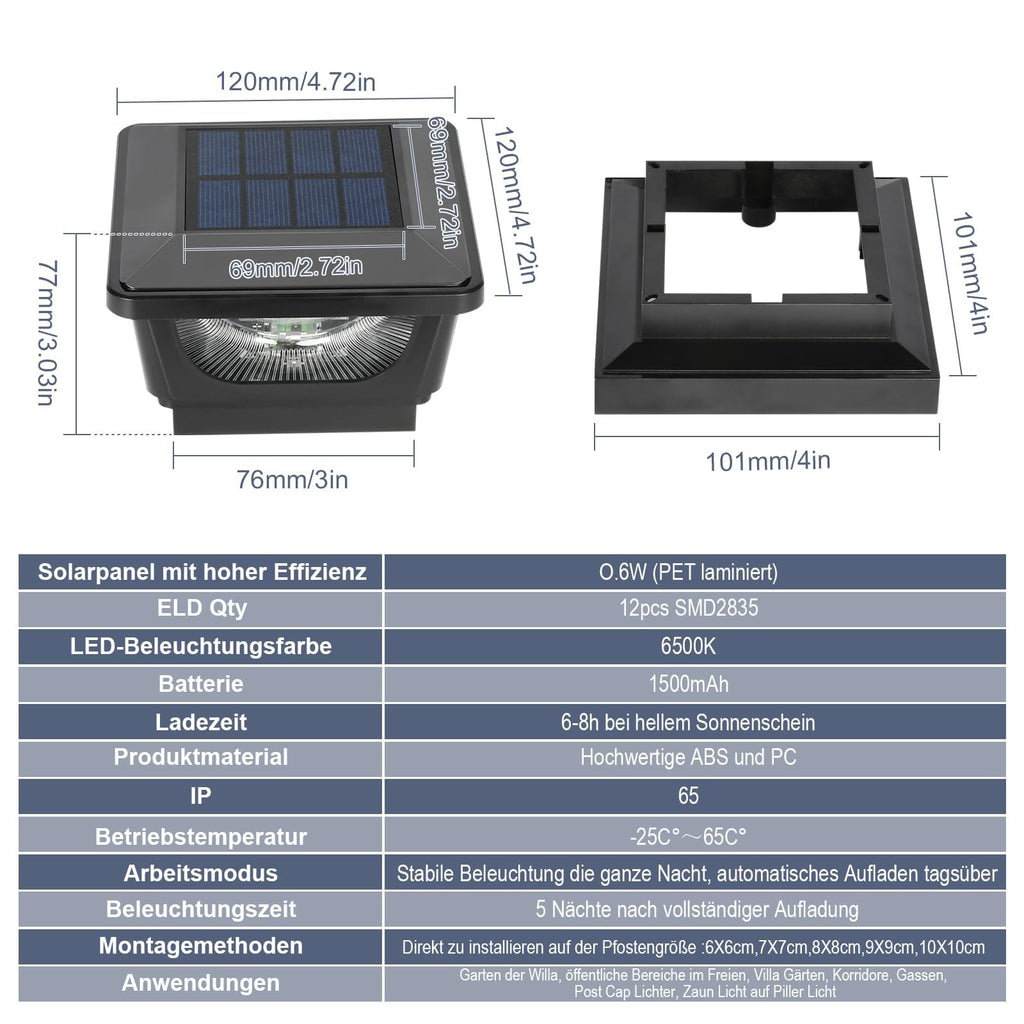 GEYUEYA Home 2pcs Solar Pfostenkappe 7x7 8x8 9x9 10x10, Pfostenleuchte Zaunpfosten Beleuchtung Pfostenlampen Außen Post Cap Light, IP65 für Pfosten, Zaun (Größe: 7.6 bis 10.1cm), Schwarz