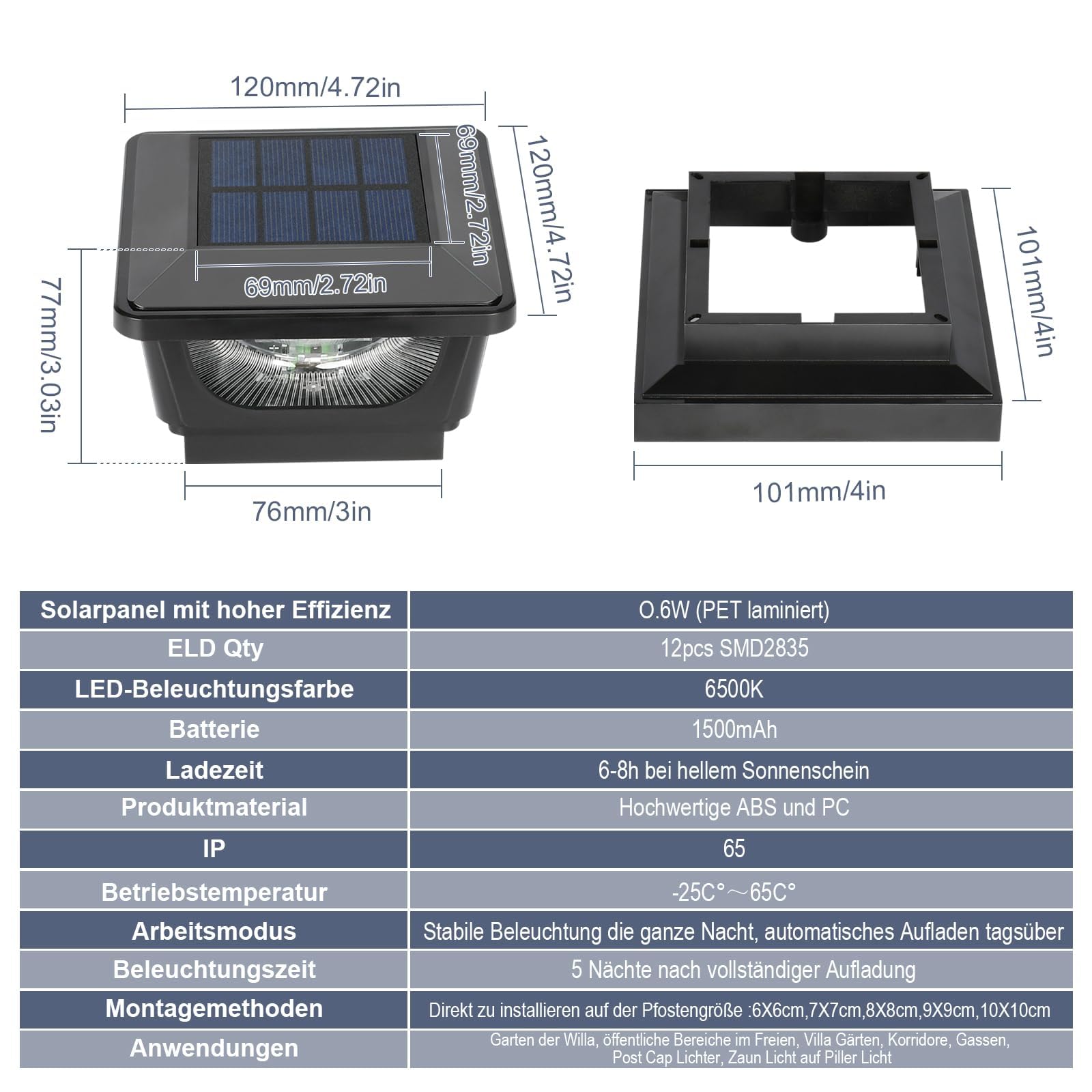 GEYUEYA Home 2pcs Solar Pfostenkappe 7x7 8x8 9x9 10x10, Pfostenleuchte Zaunpfosten Beleuchtung Pfostenlampen Außen Post Cap Light, IP65 für Pfosten, Zaun (Größe: 7.6 bis 10.1cm), Schwarz