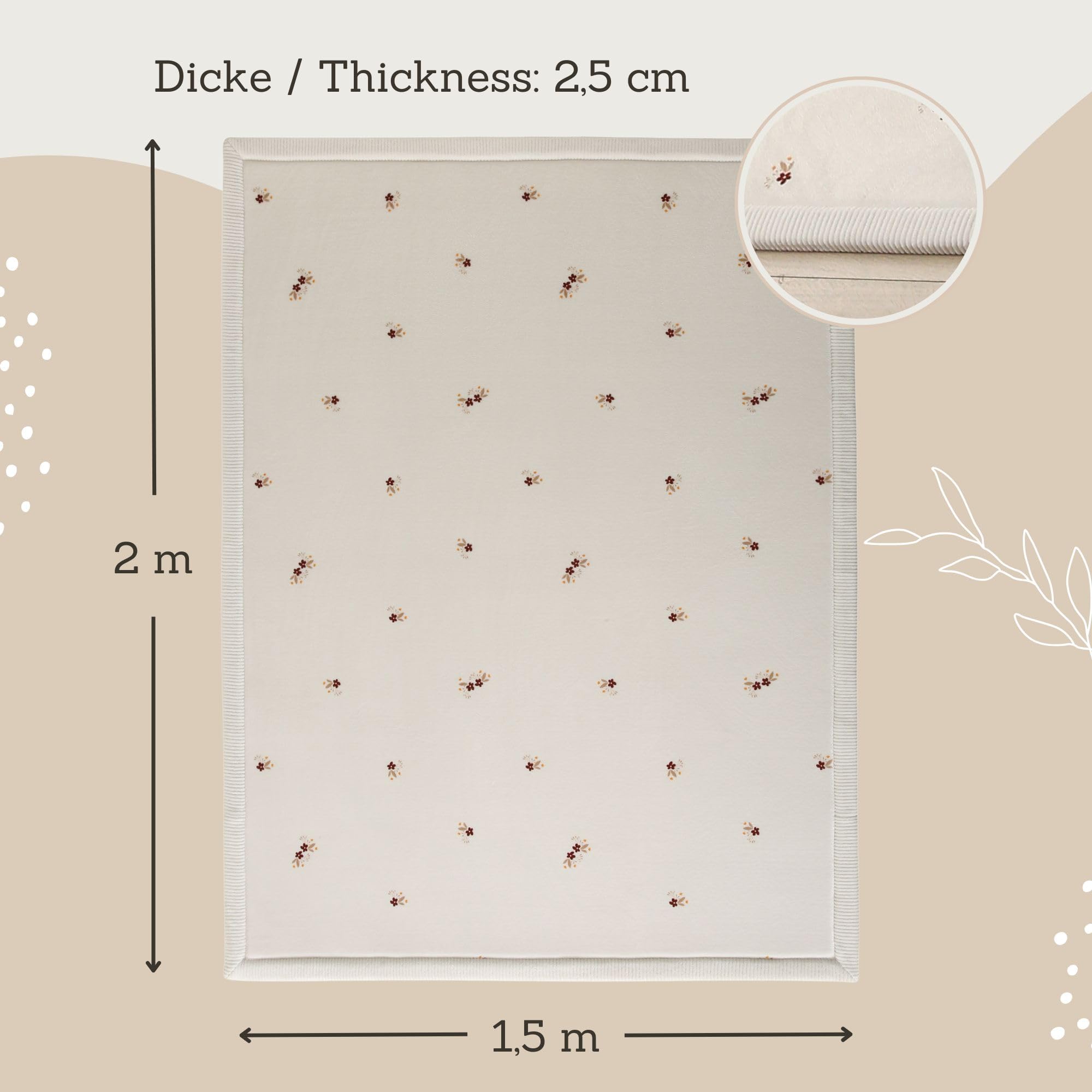 Wolkenweiche Spielmatte Baby 200x150x2,5cm, Blumen – Teppich für Kinderzimmer mit hochwertigem Memory-Schaum – Krabbelmatte Baby mit Rutschfester Unterseite – Krabbeldecke, Kinderteppich, Tatami Matte