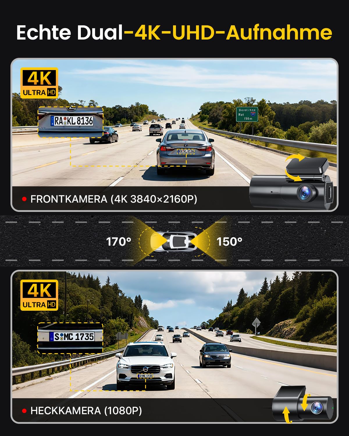 GKU 4K Dashcam Auto Vorne Hinten, 5GHz WiFi Dashcam mit 64GB SD Karte, Auto Kamera mit Parküberwachung, Super Nachtsicht, WDR, 170° Weitwinkel, G-Sensor, Loop-Aufnahme, APP Steuerung, Max 256GB