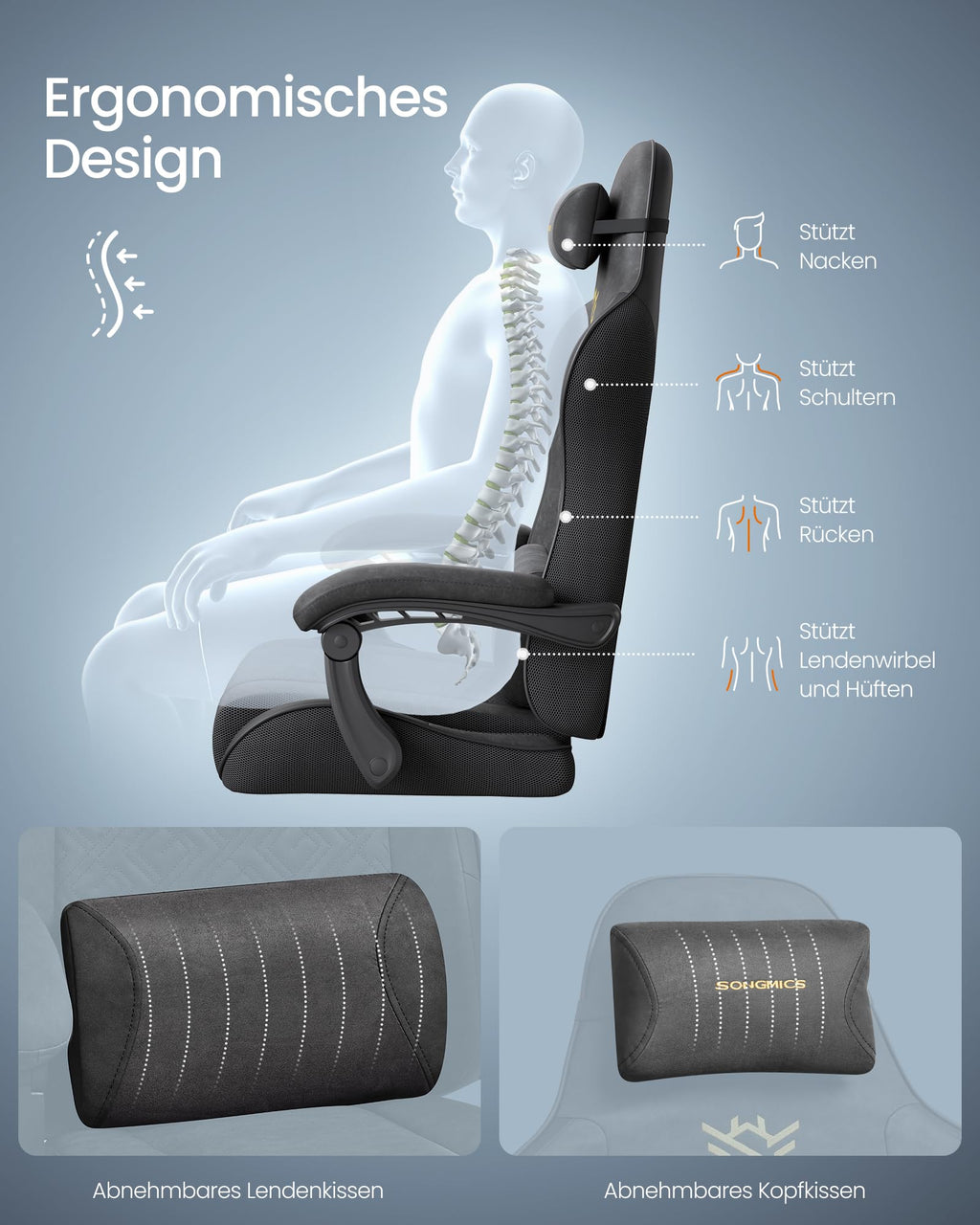 SONGMICS Gaming-Stuhl, Bürostuhl, Schreibtischstuhl, ergonomischer Gaming-Sessel, Sitzkissen mit Federn, Fußstütze, Armlehnen mit Synchronmechanik, tintenschwarz OBG079B01