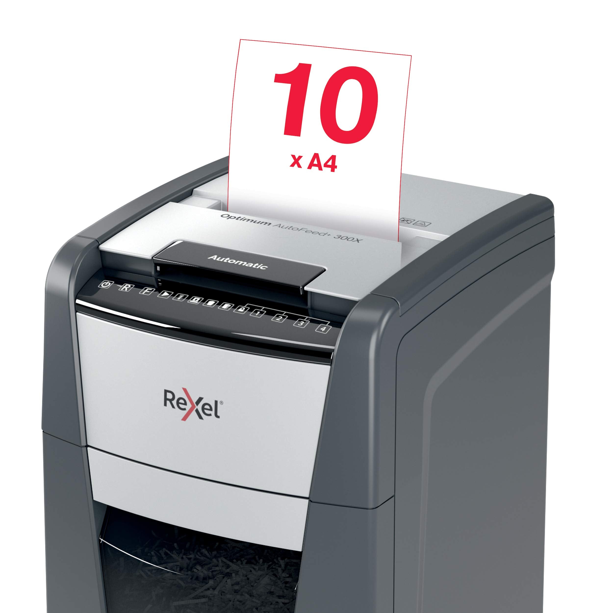 Rexel Optimum AutoFeed+ 300X Automatischer Aktenvernichter, 300 Blatt automatisch, Sicherheitsstufe P4, Partikelschnitt, für Büros und Abteilungen, 60 Liter Abfallbehälter, mit Lenkrollen, 2020300XEU