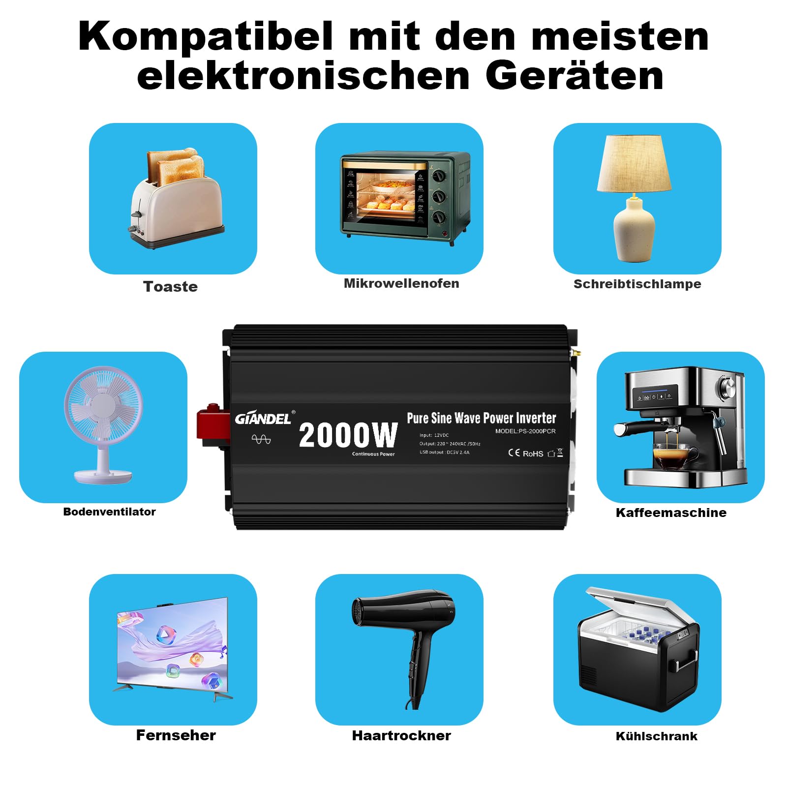 GIANDEL 2000W Wechselrichter 12V auf 230V Reiner Sinus KFZ Spannungswandler Kompatibel mit LiFePO4 Power Inverter mit Fernbedienung und USB Anschlüsse für Wohnmobil LKW Auto Camping