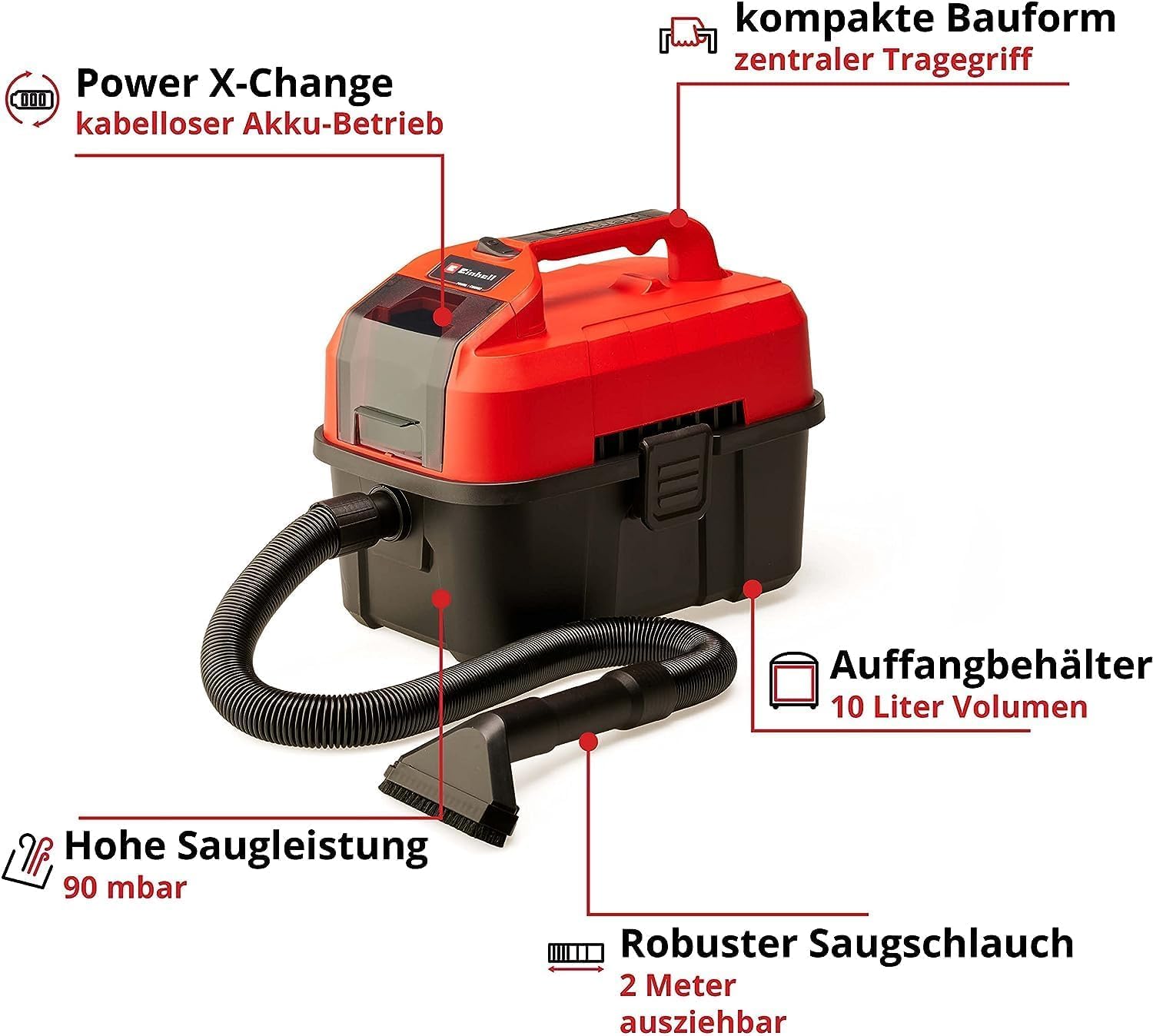 Einhell Akku-Nass-Trockensauger TE-VC 18/10 Li-Solo Power X-Change (18 V, 10 L Tank, inkl. 2 m-Schlauch, Fugen-/Bürstendüse + Polster-/Universaldüse, ohne Akku)