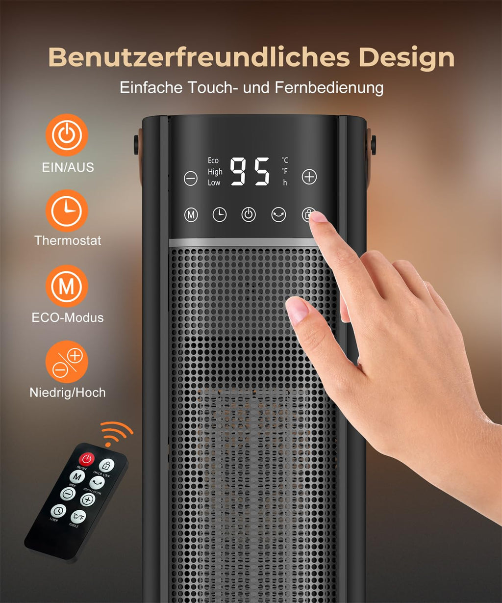Heizlüfter Energiesparend, 2000W PTC Keramik Heizlüfter, 75° Oszillierend Elektroheizung mit Thermostat, Heizung Elektrisch Leise, 3 Modus, 24-Std-Timer, Überhitzungs- & Kippschutz
