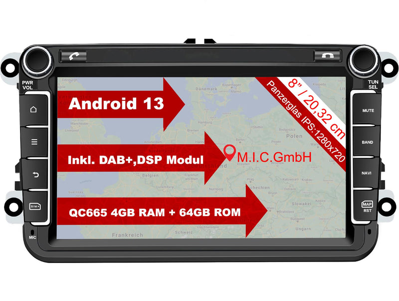 M.I.C. AV8V7 Android 13 Autoradio mit Navigation: Snapdragon 665, 4G+64GB, 8 Zoll IPS Display, SIM, Wireless Apple CarPlay & Android Auto, DAB+, CANBUS, GPS – für VW/ŠKODA/SEAT (RNS/RCD Ersatz)