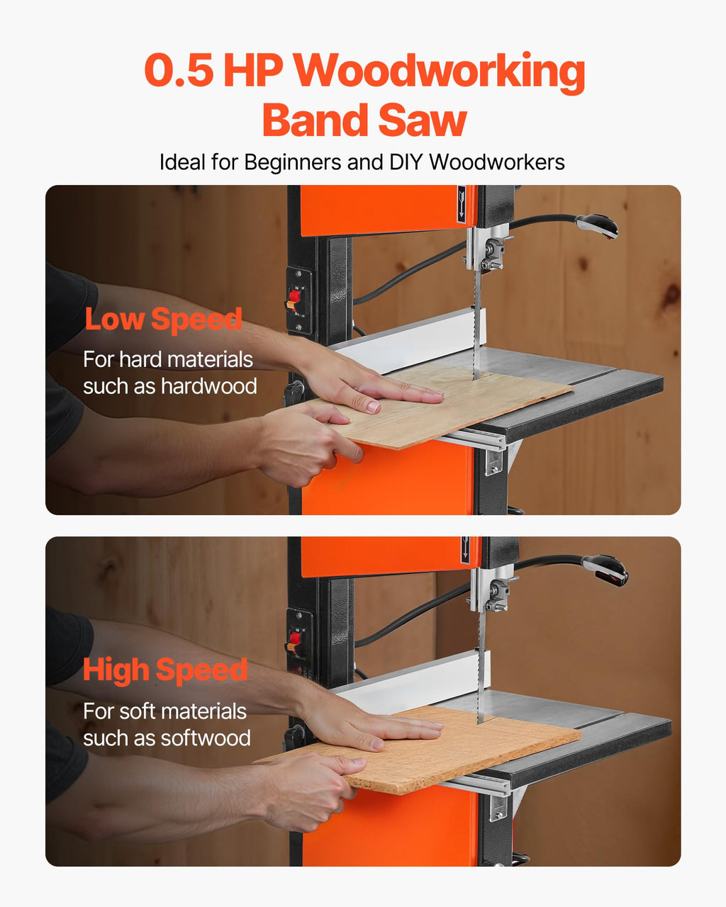 VEVOR Bandsäge mit Untergestell, 254 mm, Zweigang-Holzbandsäge, 373 W (1/2 PS), max. Schnitthöhe 160 mm, 335x340 mm Gusseisentisch, mit 360°-Arbeitsleuchte, Gehrungsanschlag, Parallelanschlag