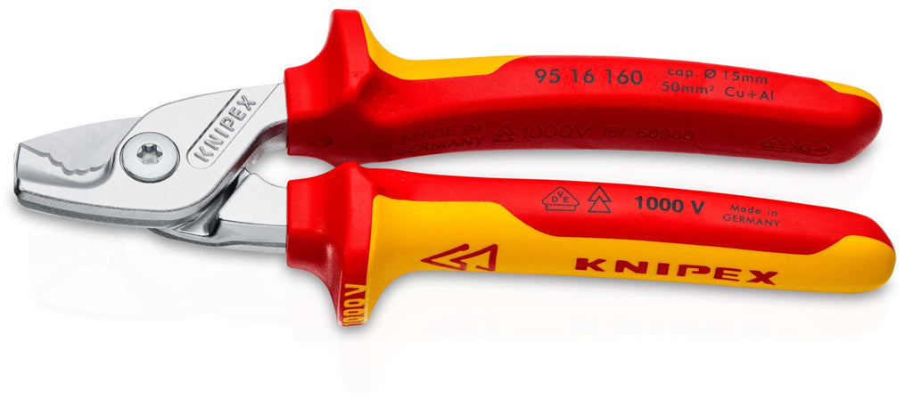 KNIPEX StepCut Kabelschere verchromt isoliert mit Mehrkomponenten-Hüllen, VDE-geprüft 160 mm, 95 16 160