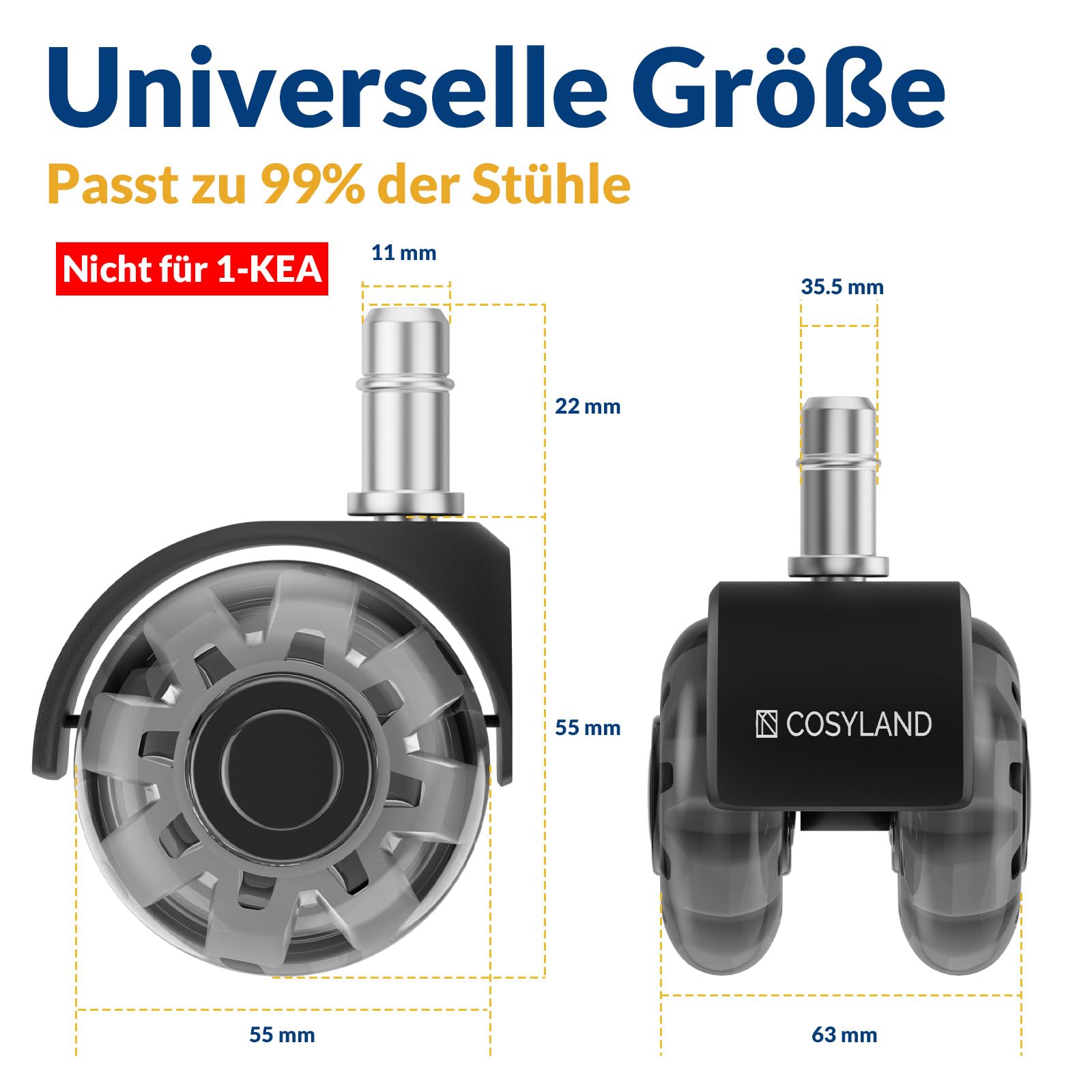 COSYLAND Bürostuhl Rollen 11mm x 22 mm - 5er Set Rollen für Bürostühle - Super Leise und Weiche für Hartböden, Parkett, Teppich, Laminat, Keine Bodenschutzmatte Nötig, Grau Doppelräder