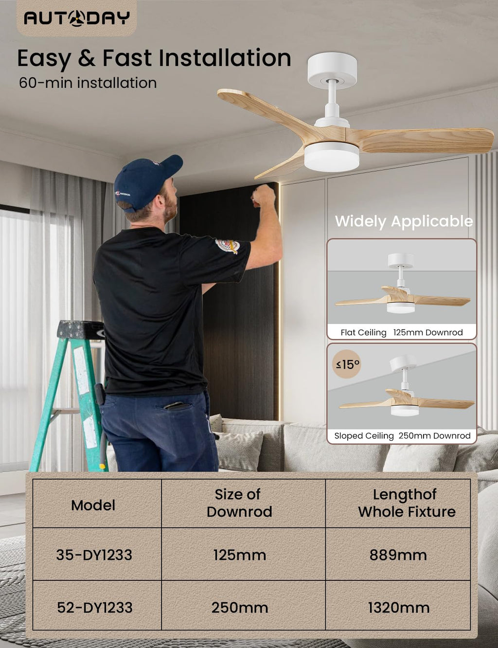 AUTODAY Holz Deckenventilator mit Beleuchtung,leiser Gleichstrommotor,90 cm deckenventilator outdoor,3 hölzern Flügel,dimmbarem LED 24W,Fernbedienung mit Memory-Funktion,6 Geschwindigkeiten,Timer