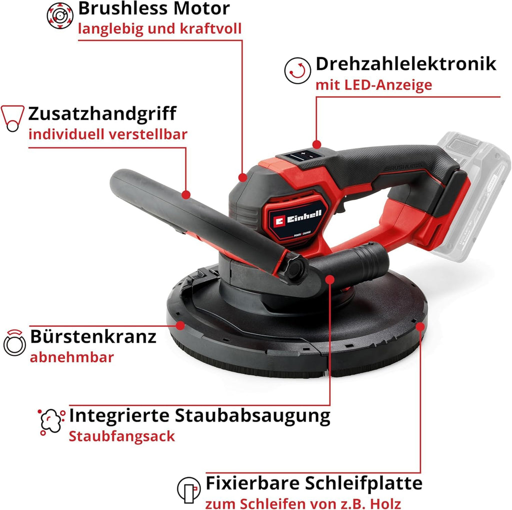 Einhell Professional Akku-Trockenbauschleifer TP-DWS 18/225 Li BL Solo Power X-Change (18 V, Brushless, inkl. 6 x Ø 225 mm Schleifpapier & 1 x Gitterleinen, ohne Akku und Ladegerät)